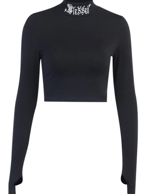 Women Black Bodycon Long Sleeve Crop Tops Gothic Harajuku Letter Embroidery Vintage Solid Tops Female Casual Basic Tops 6