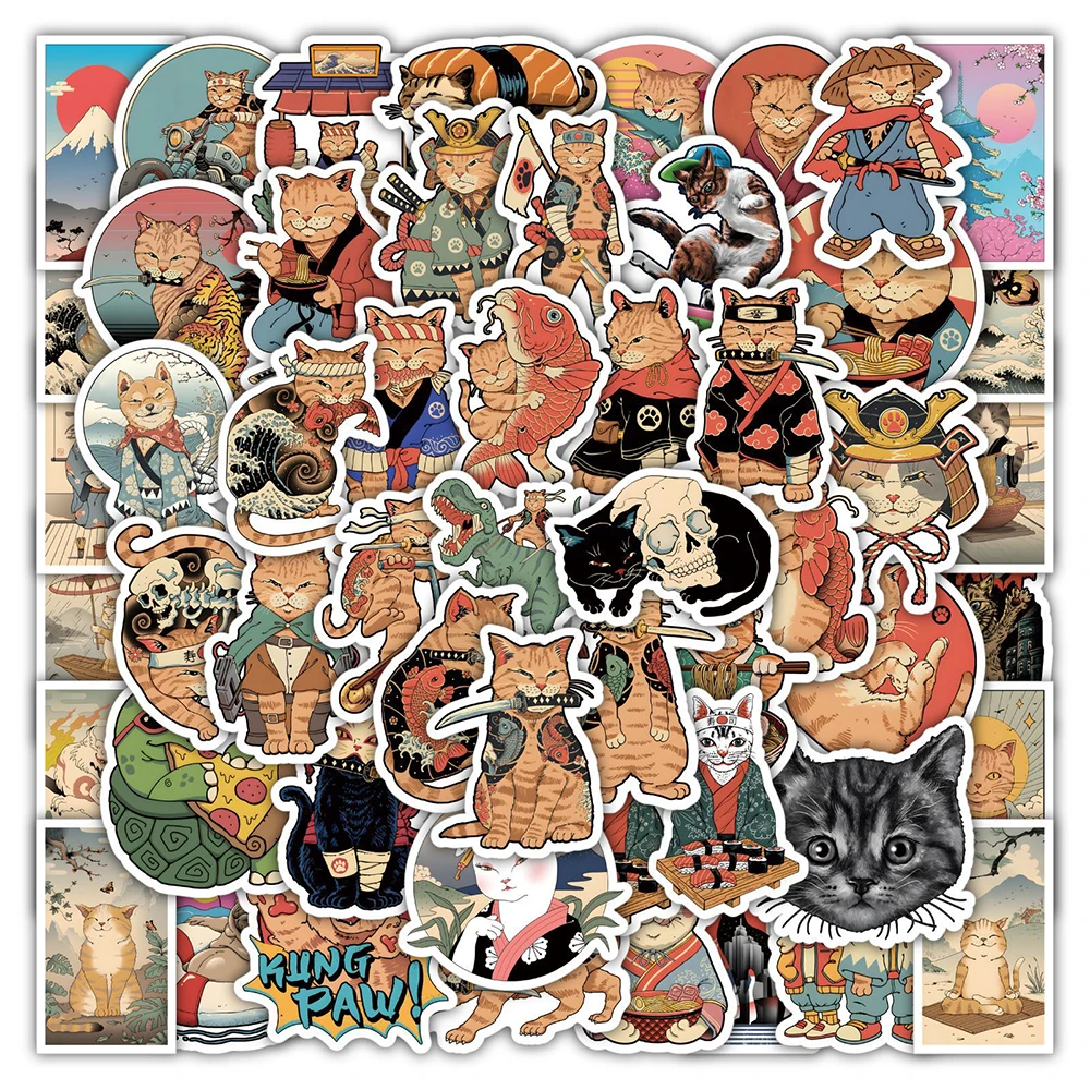 

10/30/50pcs Vintage Funny Samurai Cat Stickers Laptop Luggage Phone Car Guitar Skateboard Bike Waterproof Sticker Decal Kid Toy
