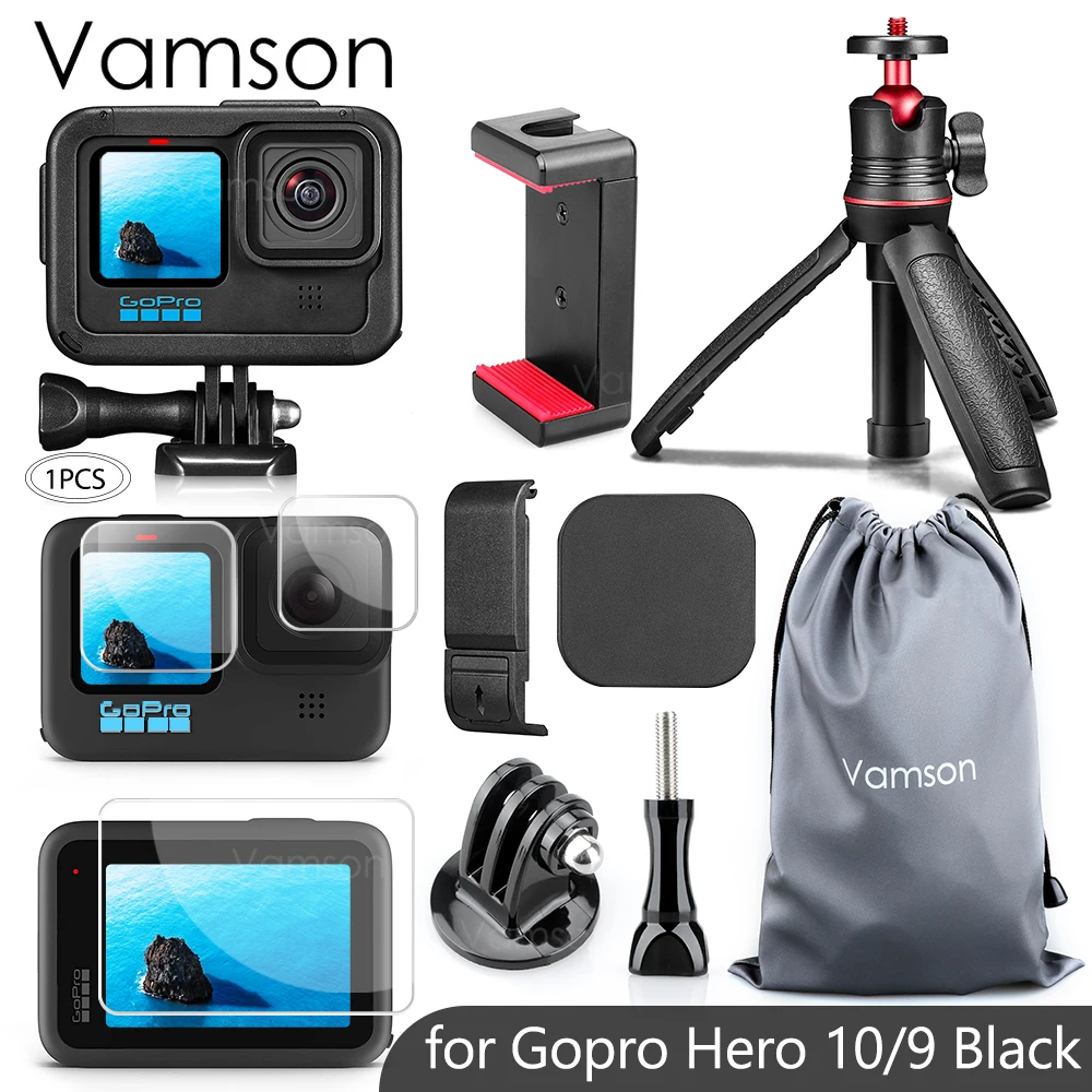 

Vamson Protective Frame Case for GoPro Hero 10 9 Camera Selfie Stick Tripod Tempered Film for Gopro Hero 10 9 Black Accessories