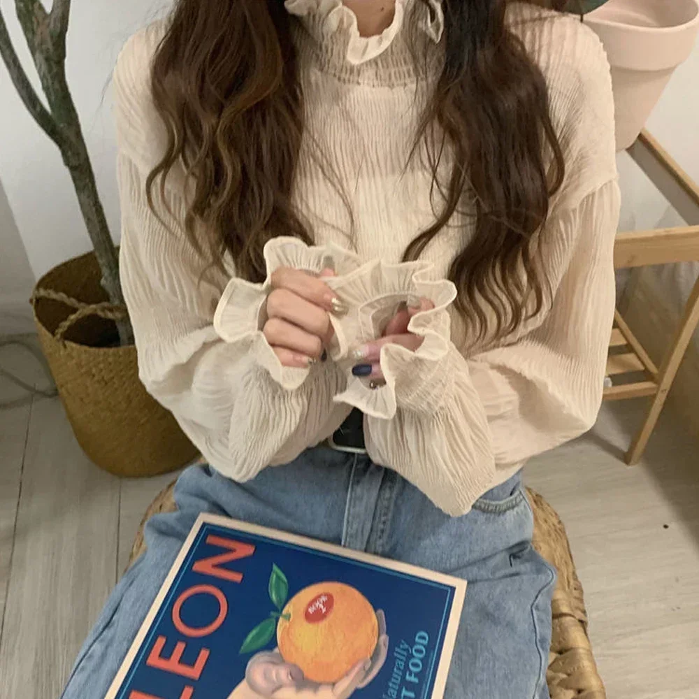 Женская шифоновая футболка с длинным рукавом воротником-лепестком