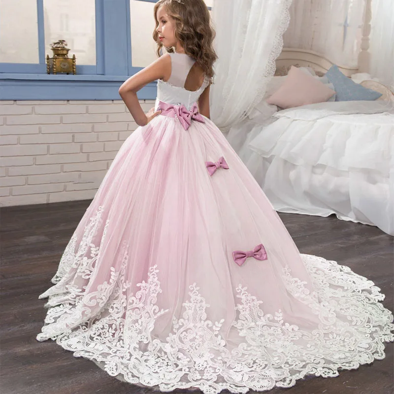 

Tulle Princess Party Dresses for Girl Formal Flower Lace Bow Trailing Wedding Bridesmaid Dress Girls Christmas Evening Vestidos