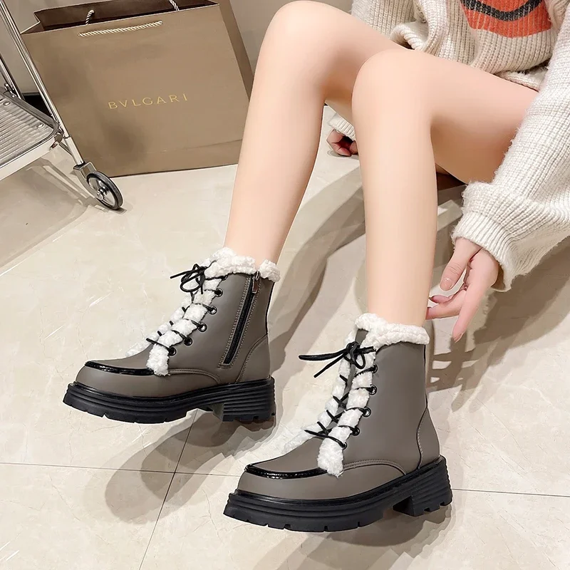 

Женские ботинки с перекрестной шнуровкой, короткие теплые ботильоны с круглым носком, на квадратном каблуке, с молнией сбоку, Лидер продаж 2023