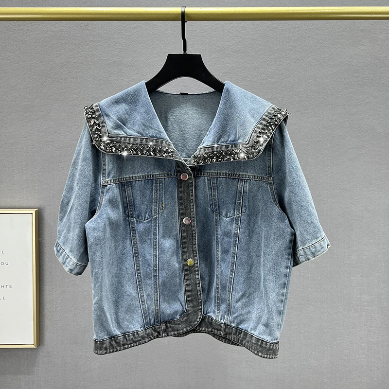 

Куртка женская джинсовая с коротким рукавом, Свободный Топ с воланом на воротнике, модная верхняя одежда из денима со стразами, весна-лето 2023