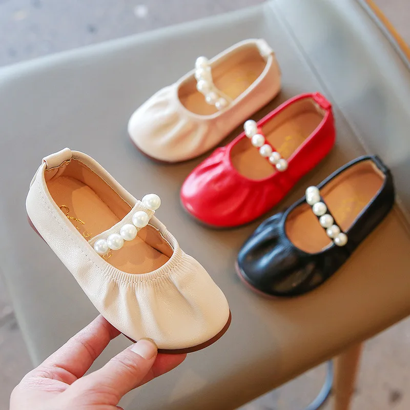 

2022 New Soft Sole Girls Kids Casual Shoes Flats Baby Toddlers Anti-Slippery Shoes Children's Shallow Mouth Pearl Leather Shoes