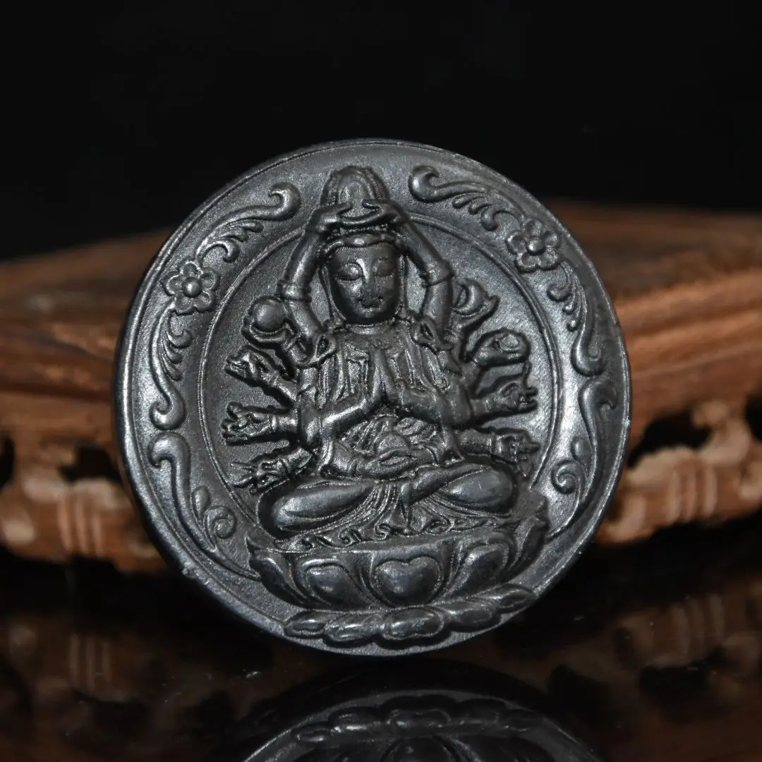 

China Hongshan Culture Magnetic Black Iron Meteorite Sculpture Lucky' Bodhisattva 'Necklace/Waist Tag Home Decoration#3