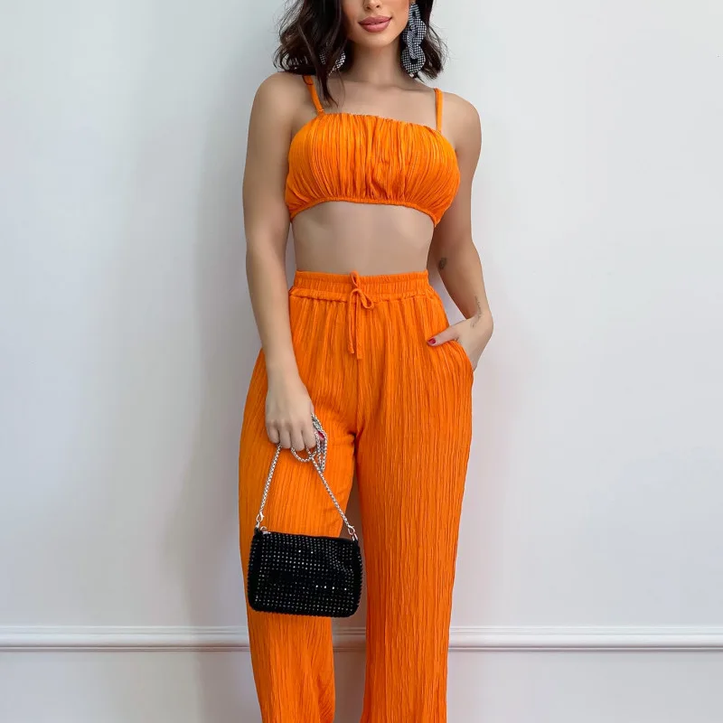 

Two Piece Set Street Women Pant Suit Solid Sexy Waistless Pleated Sleeveless Suspenders Short Top Wide Leg Trousers Ladies