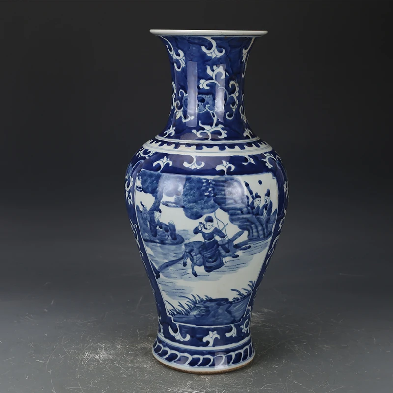 

60s Home Decor Ceramics Antique Blue and White Porcelain Landscape Vase Living Room Floor Vase Big Flower Table Vase Centerpiece