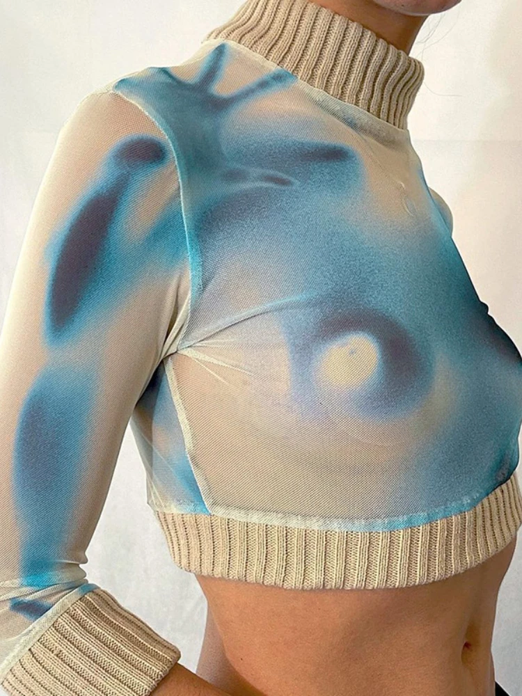 

Укороченный топ с высоким воротником, пикантные облегающие пуловеры для женщин, модные сетчатые Лоскутные Топы с принтом и длинным рукавом,...