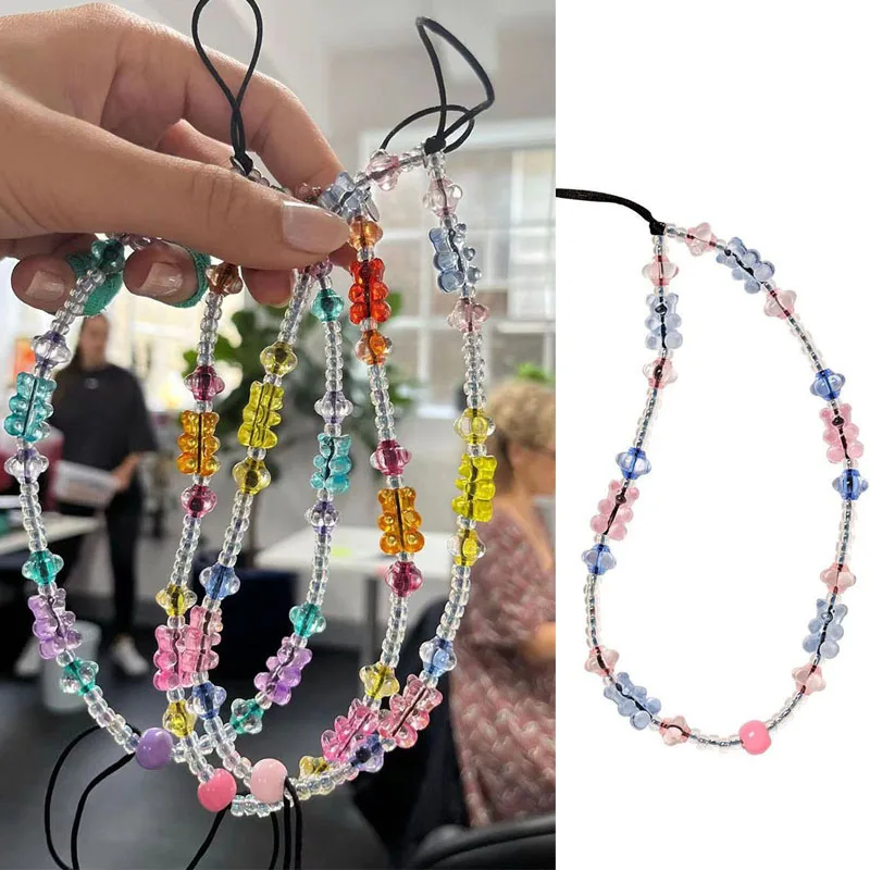 

Candy Color Mobile Phone Straps Clear Bear Beads Phone Charm Chain Pendant Rope Women Wristlet Bracelet Cord Lanyard