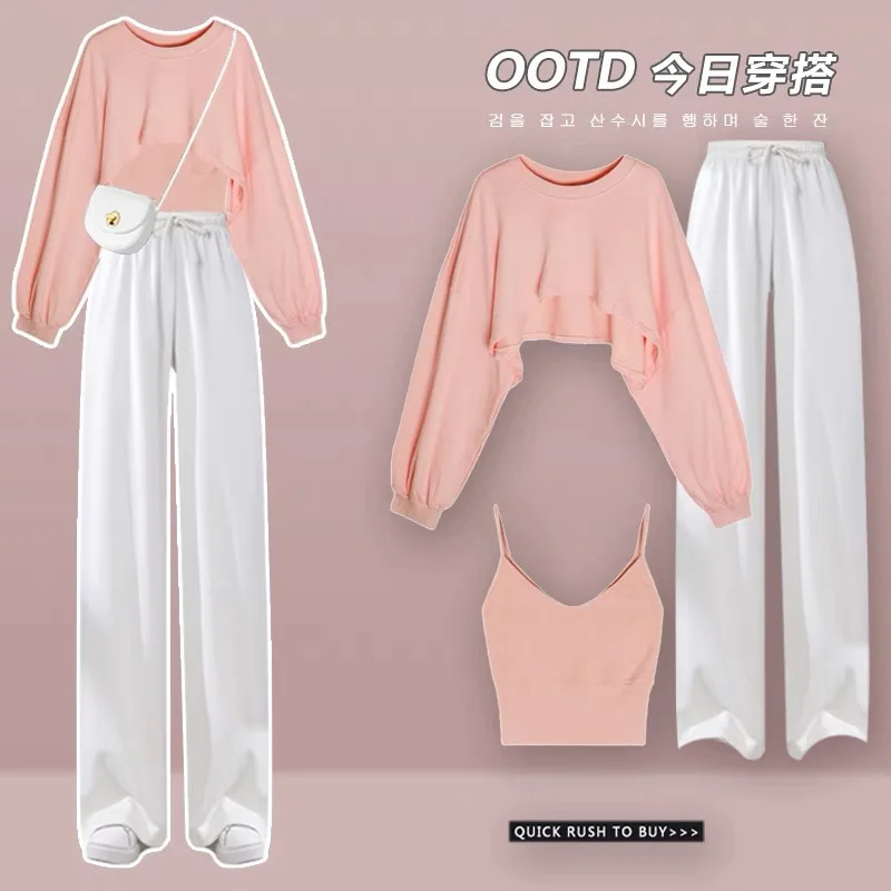 

Korean Autumn Winter Sportswear Suit Women Elegant Fashion Sports Long Sleeved Shirt+Suspenders+Wide Leg Pants Three Piece Set