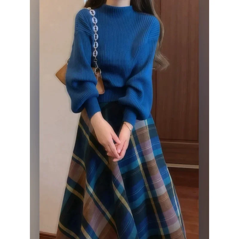 Осенне-зимний новый французский ретро синий вязаный свитер с полуводолазкой +