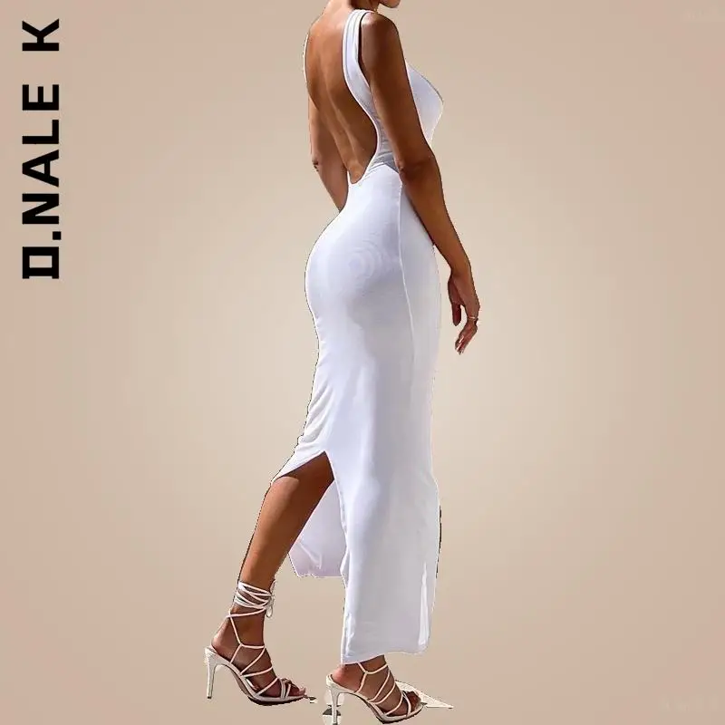 

D.Nale K Fashion Hollow Out Sleeveless Split Bodycon Party Dress Sexy O-neck Backless Long Maxi Evening Dresses Women