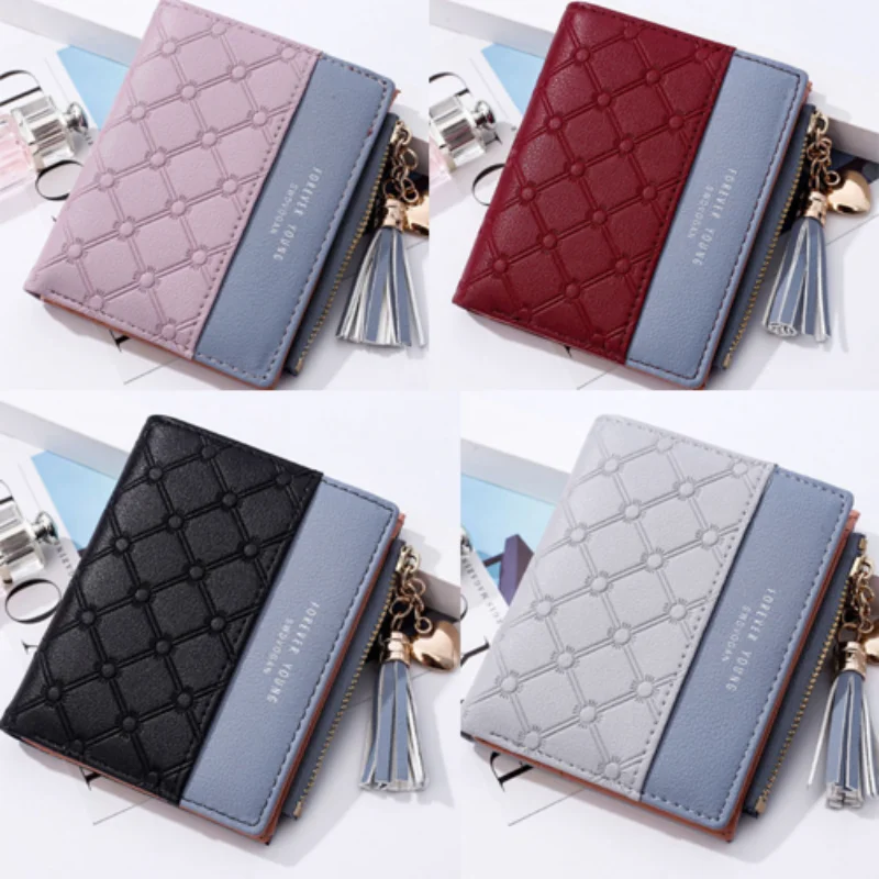 

Trendy Women Patchwork Mini Storage Bags Lady Small Coin Card Holder with Tassel Female PU Zipper Closure Organizers 5 Colors