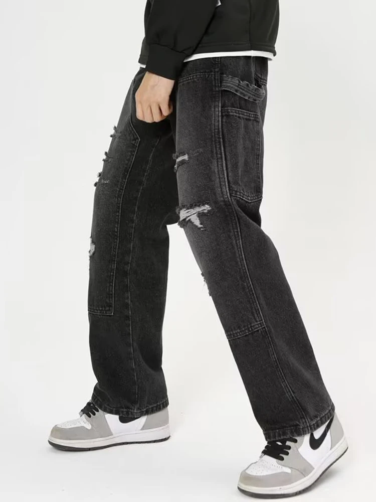 American Street Clothing Retro Trend Y2K MEN Jeans Casual Pants Loose Solid Color Casual Jeans Ripped Jeans Pants Men Denim