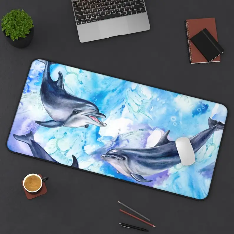 

LARGE Dolphins Desk Mat, 3 Sizes Non Slip Desk Pad, Office Computer Supplies, Animals Dolphins Fish Print Neoprene Computer Acce