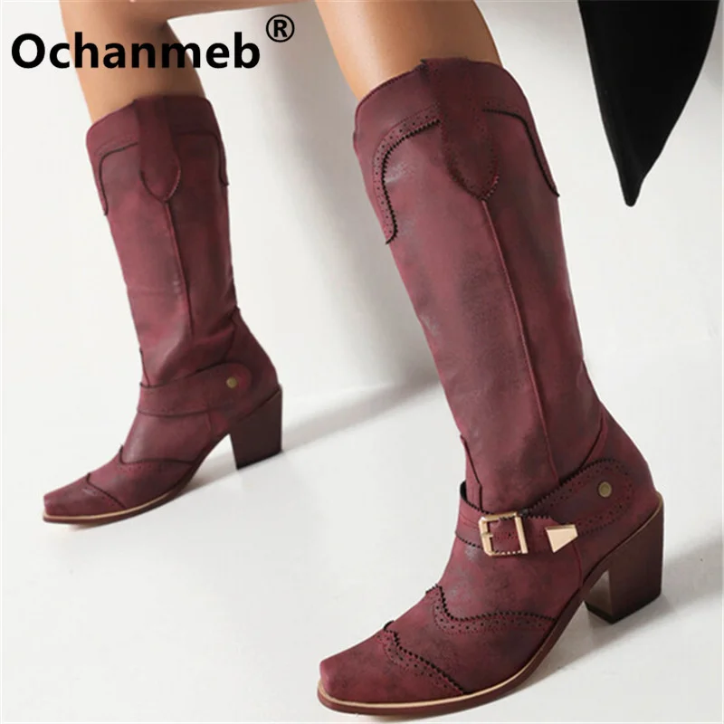 

Ochanmeb Women Retro Buckle Western Boots Cowgirl Cowboy Big Plus Size 47 48 Kneehigh Boots Chunky Heels Autumn Winter Footwear