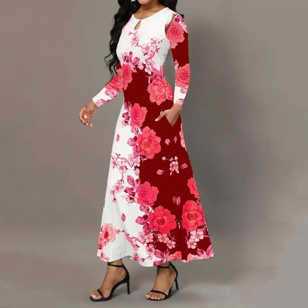 

Женское платье-трапеция с цветочным принтом, свободное платье макси с длинным рукавом и облегающим поясом на осень и весну