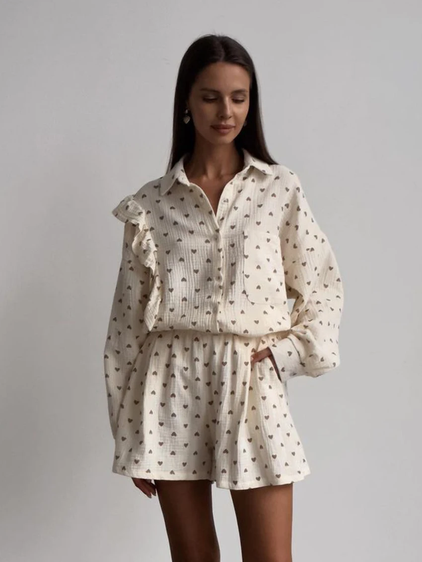 Marthaqiqi Love Printing Women'S Pajamas Suits Long Sleeve Sleepwear Sexy Turn-Down Collar Nightwear Loose Shorts Nightgowns Set