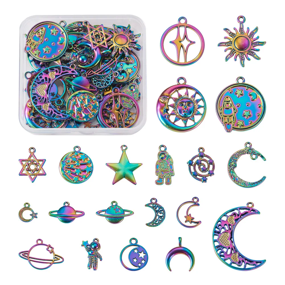 

1 Box Mixed Moon Star Double Horn Alloy Charms Rainbow Color Starry Sky Dangle Pendant for DIY Earring Necklace Jewelry Making