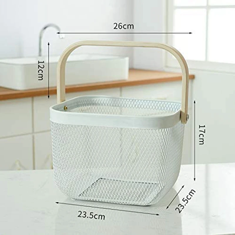 New Storage Basket With Wood Handle For Kitchen Home,Metal Wire Fruits Picnic Organiser,Mesh Steel Basket