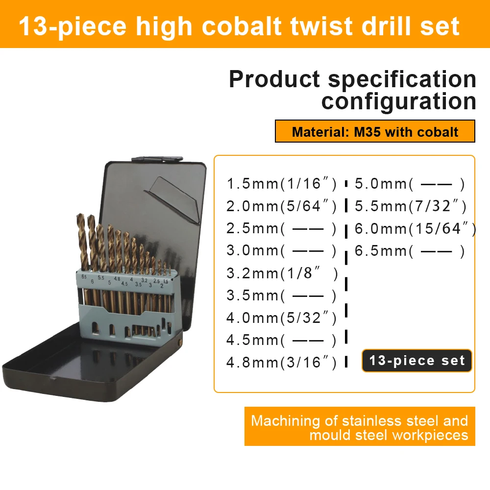 

13 шт. набор сверл BESTIR 1,5-6,5 мм Высокоскоростная сталь M35 5% кобальтовое сверло инструмент для сверления древесины из нержавеющей стали