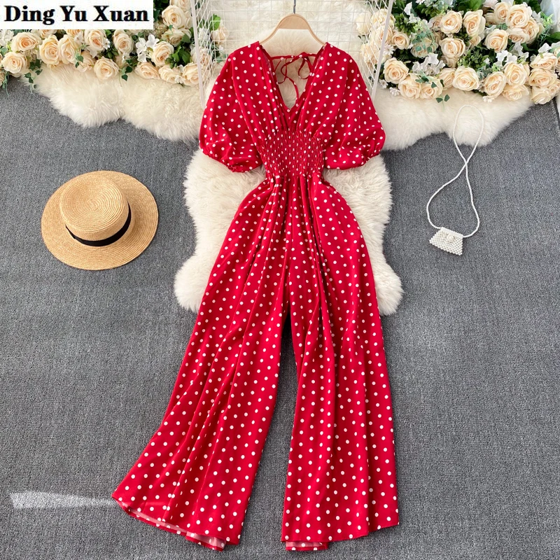 

Women's Polka Dot V-neck One Piece Jumpsuit Short Sleeve Elegant Casual Loose Overalls Female Beach Holiday Rompers Jump Suits