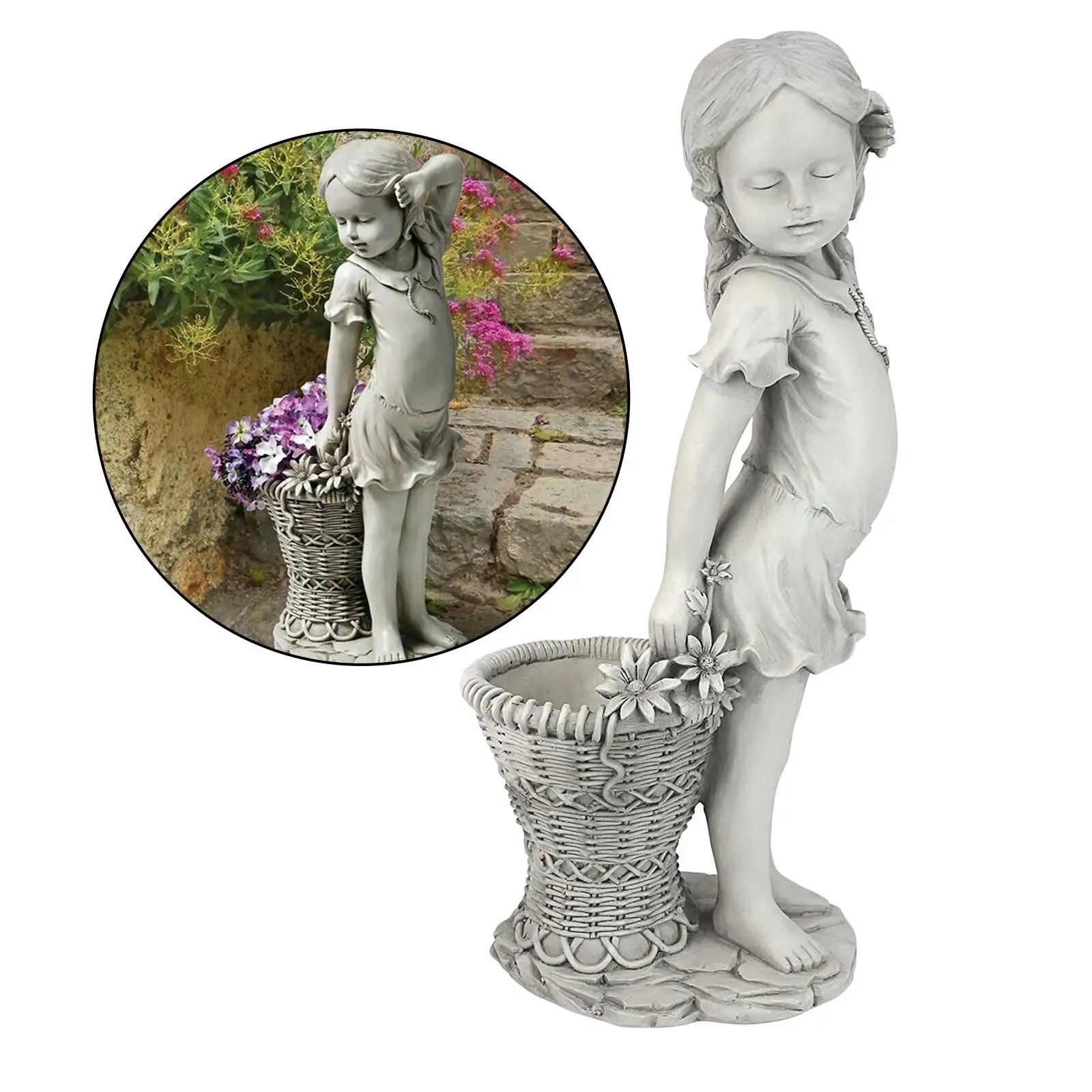 

Flower Girl Statue Adorable Child Outdoor Sculpture Garden Yard Decor Ornament Antique Stone