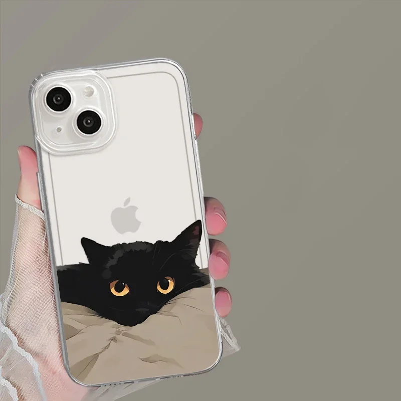 Funny Black Cat Couple Transparent Phone Case For iPhone 16 15 14 11 12 13 Pro Max Plus Mini X XR 7 8 SE Clear Cover Fundas Skin