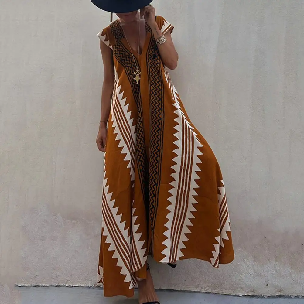 

Women Maxi Dress Bohemian Beach Dress Short Sleeve Low-cut Deep V Neck Loose Geometric Print Contrast Color Loose Hem Vintage Dr