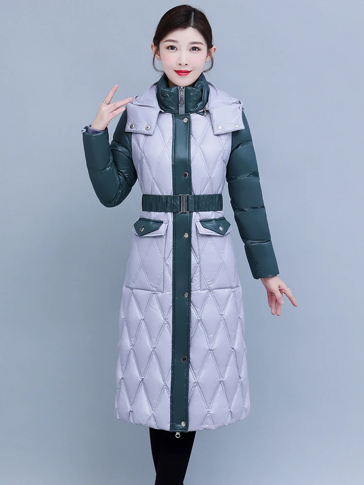 New Women Winter Down Jacket Sweet Fashion Hooded Color Blocking Strecth Belt Medium Long Thicken Warm Slim Down Jacket Female
