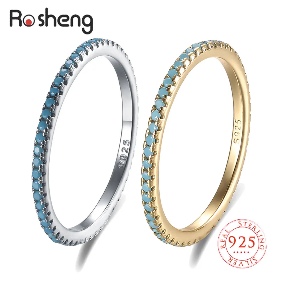 Real Silver 925 Thin Natural Turquoise Finger Ring Stack-able for Women Exquisite Gold Color Plated Fine Jewelry Gifts