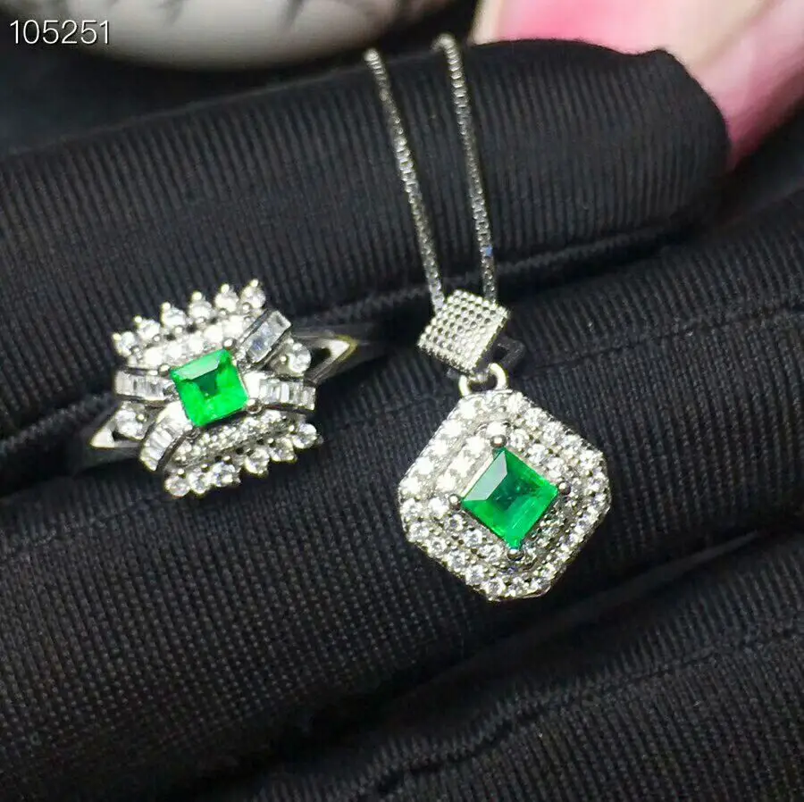 

MeiBaPJ Luxurious Natural Columbia Emerald Gemstone Jewelry Set 925 Sterling Silver 2 Siut Green Stone Fine Jewelry for Women
