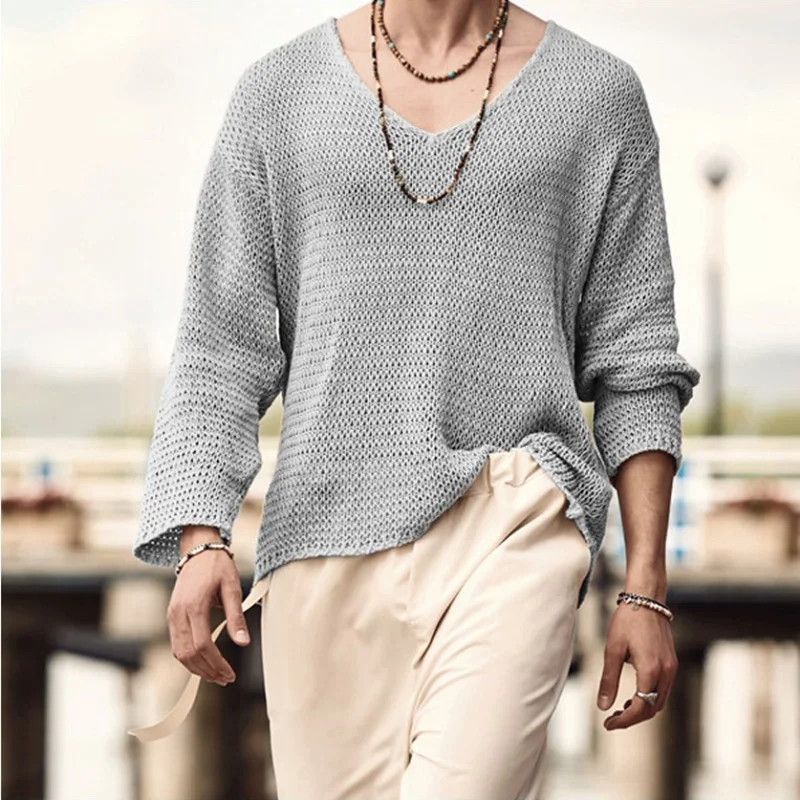 Autumn Men Long Sleeve T Shirt Vintage Solid Knitting Tops Mens Casual Loose V Neck Tee Fashion Male Knitted Clothing Streetwear |