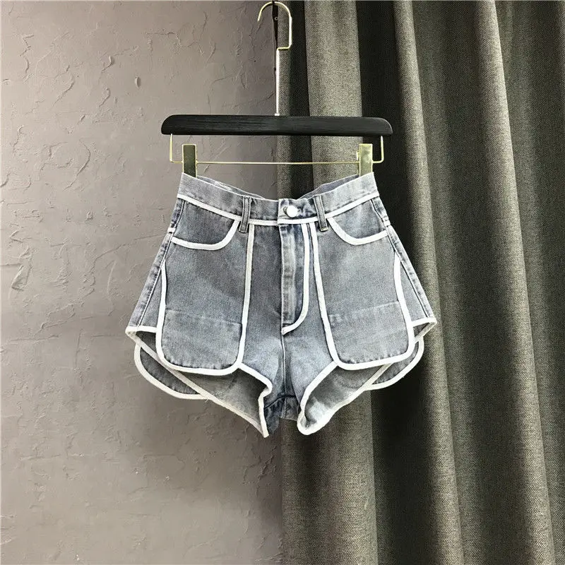 High waist denim shorts 2022 summer new style contrast color loose A-line hot pants hot pants for girls  Casual  Cotton  Shorts