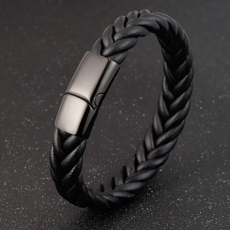 

Luxury Stainless Steel Black Leather Bracelet Wax Rope Winding Besign Classic Men's Leather Bracelets Wholesale Free Of Freight