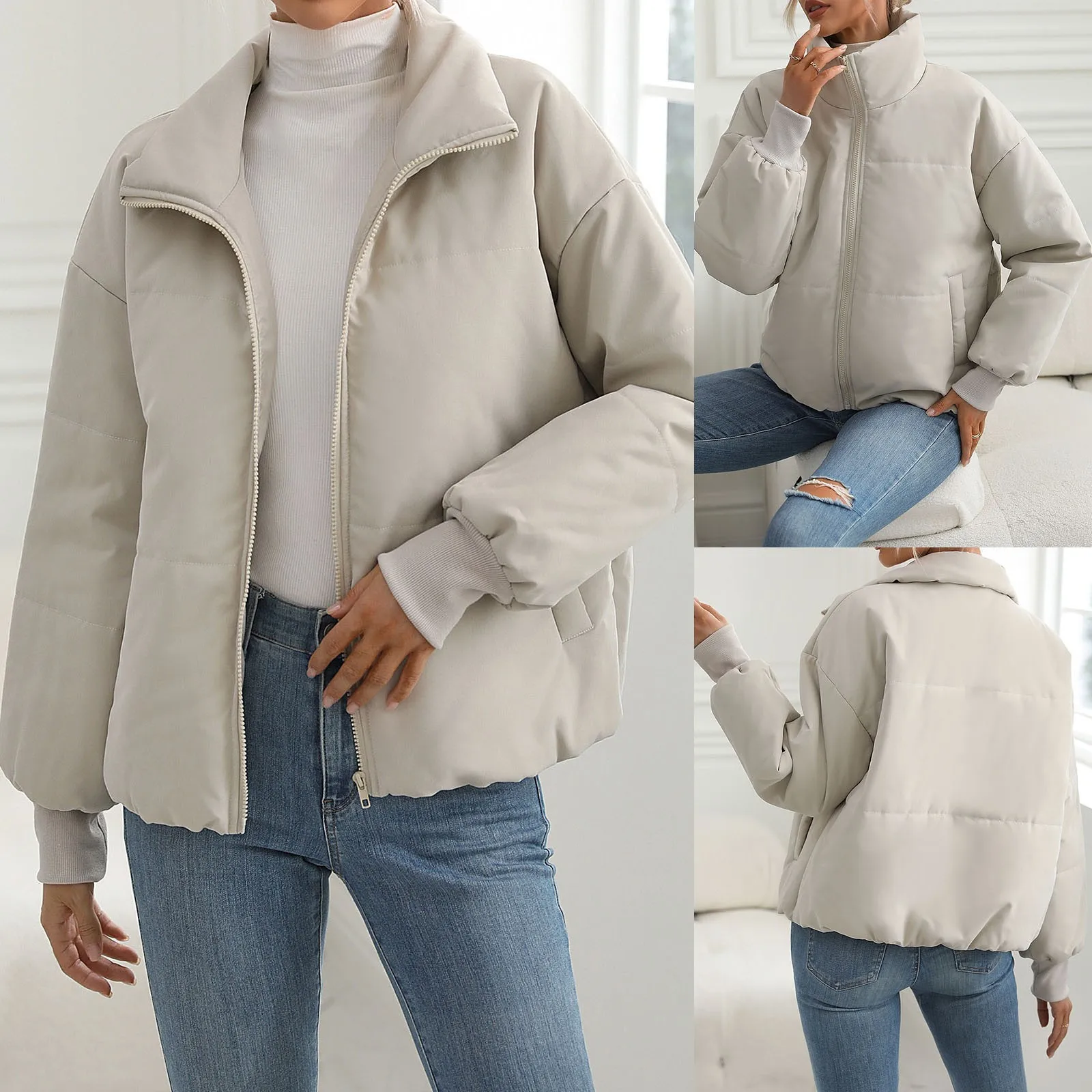 

Women's Autumn/Winter Solid Color Zipper Pocket Thickened Warm Cotton Coat Coat Coat