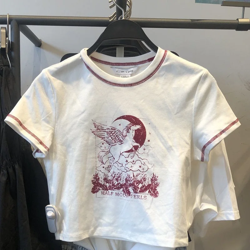 

Korean Brand Retro Cartoon Cute Graphic Tee Crop Tops Woman Tshirts White Cotton Basic Summer Sexy Girls Skinny Kawaii Clothes