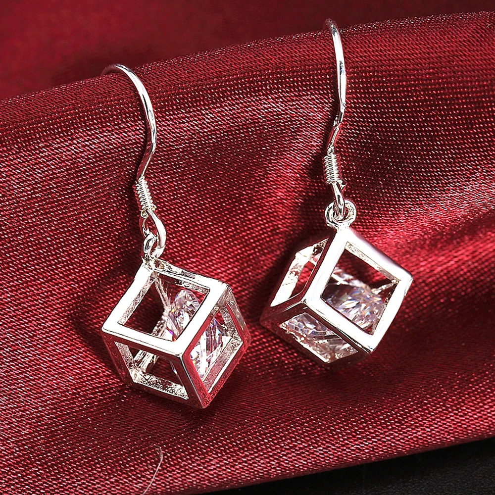 

925 Sterling Silver Vintage Women's Cube Zircon Drop Earrings Wedding Party Luxury Fashion Jewelry 2022 Female Christmas