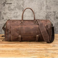 contacts genuine crazy horse leather vintage men travel bag zipper male hand luggage bag shoulder bags for men duffle bag