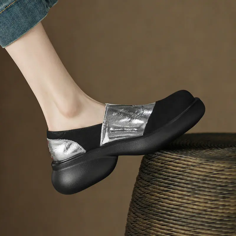 

2023 Spring New Leather Thick-soled Round Toe Silver Loafers Women's Casual Wedge Heel Muffin Bottom Color Matching Lazy Shoes
