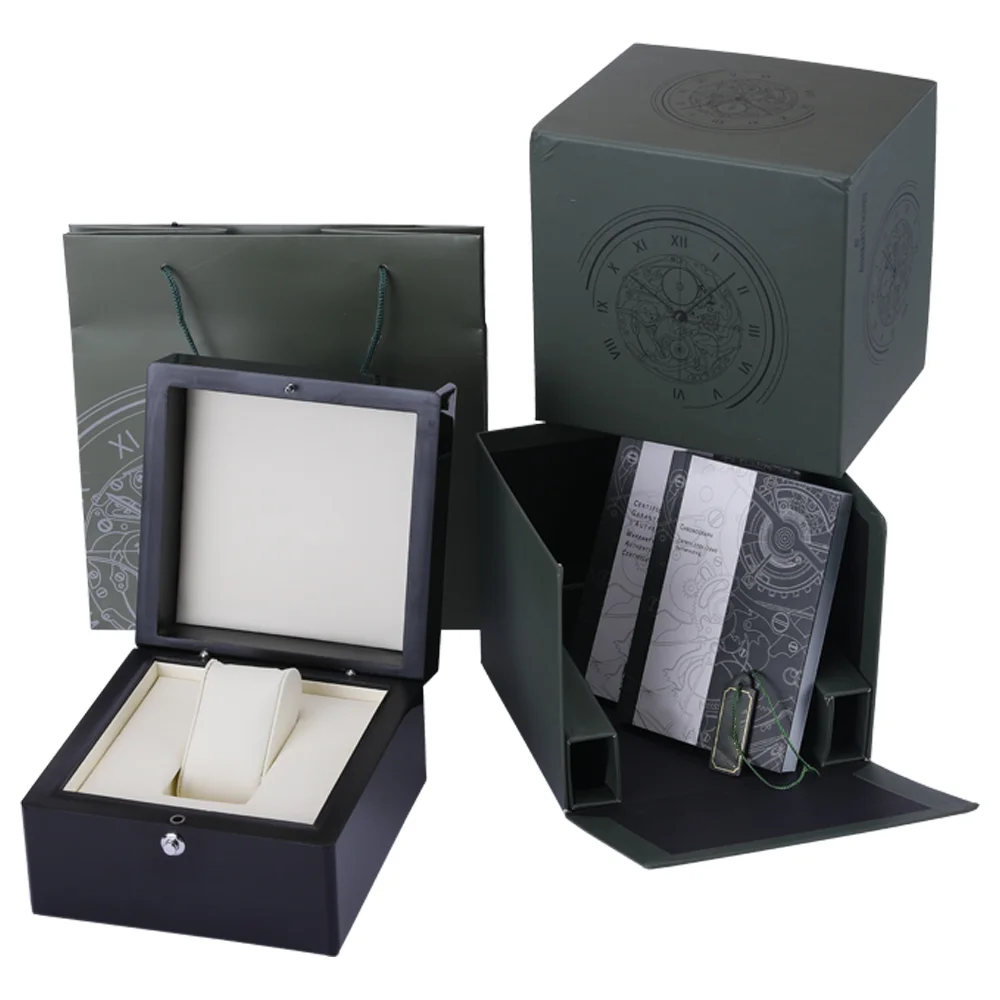

Black Watch Box Watche Boxes Quality Gift Woody Case Watches Booklet Green Card Tags and Papers