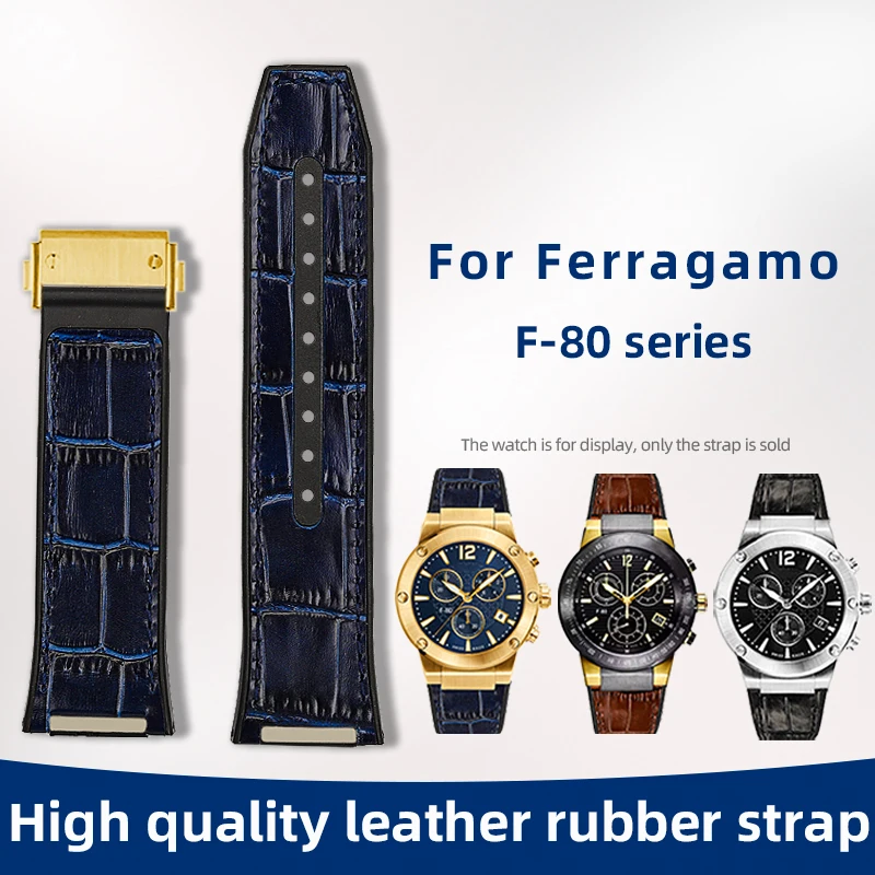 Фото Для Ferragamo F-80 ремешок на резиновой подошве из воловьей кожи F80, специальный вогнутый мужской ремешок для часов с складной пряжкой, 26 мм, черный, коричневый, синий браслет №1
