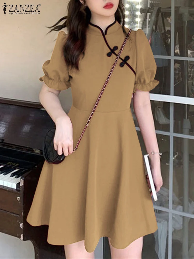 

Женское винтажное мини-платье ZANZEA, летнее короткое платье с пышными короткими рукавами и узлом на пуговицах в стиле ретро, повседневные халаты, милые платья в Корейском стиле, 2023