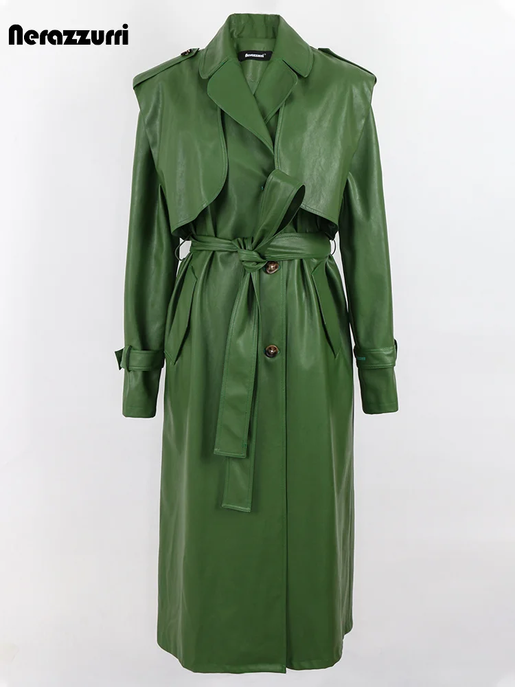 

Nerazzurri Autumn Long Cool Green Pu Leather Trench Coat for Women Sashes Single Breasted Stylish Luxury Designer Clothes