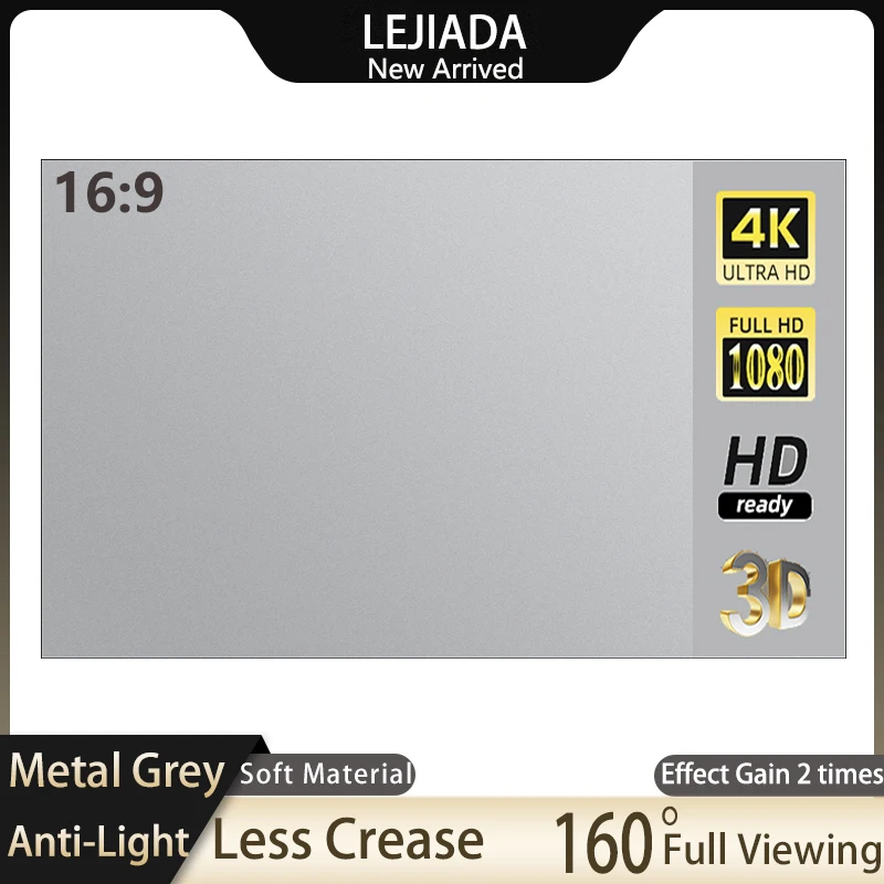 

LEJIADA Projector Screen 100 Inch Metal Grey Anti-Light 160 ° Viewing Angle Soft Material Less Crease Home Office Outdoor Screen