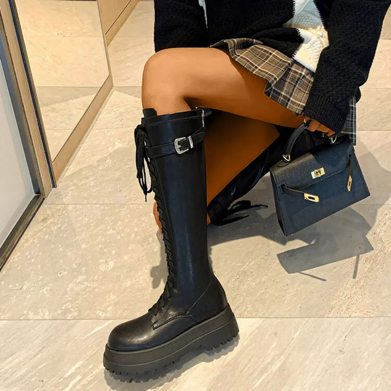 

Женские высокие сапоги до колена, новинка 2022, женские сапоги из искусственной кожи на толстой подошве и блочном каблуке, Женские однотонные ...