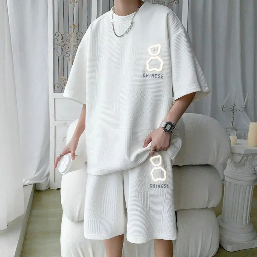 Men T-shirt Loose-fitting Solid Color Casual Men Shirt Shorts Set Summer Clothing Friendly to Skin Men Shorts for Female