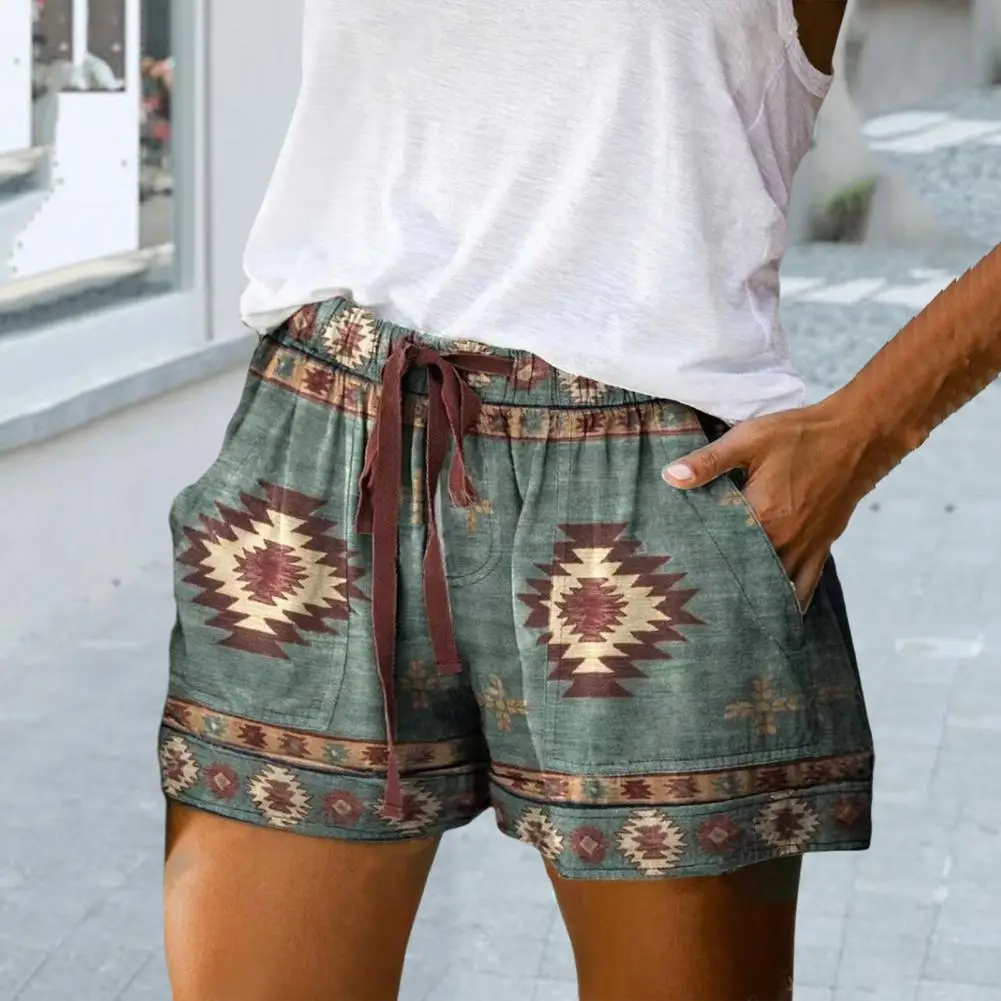 

Fashion Women Shorts Breathable Short Pants Elastic Waistband Retro Print Drawstring Loose Shorts Cool
