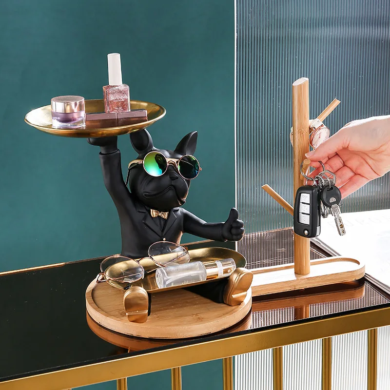 

Bulldog Sculpture Decor Dog Statue with Tray and Wood Keys Holder Home Ornaments Animal Figurine Room Storage Decor for Gift