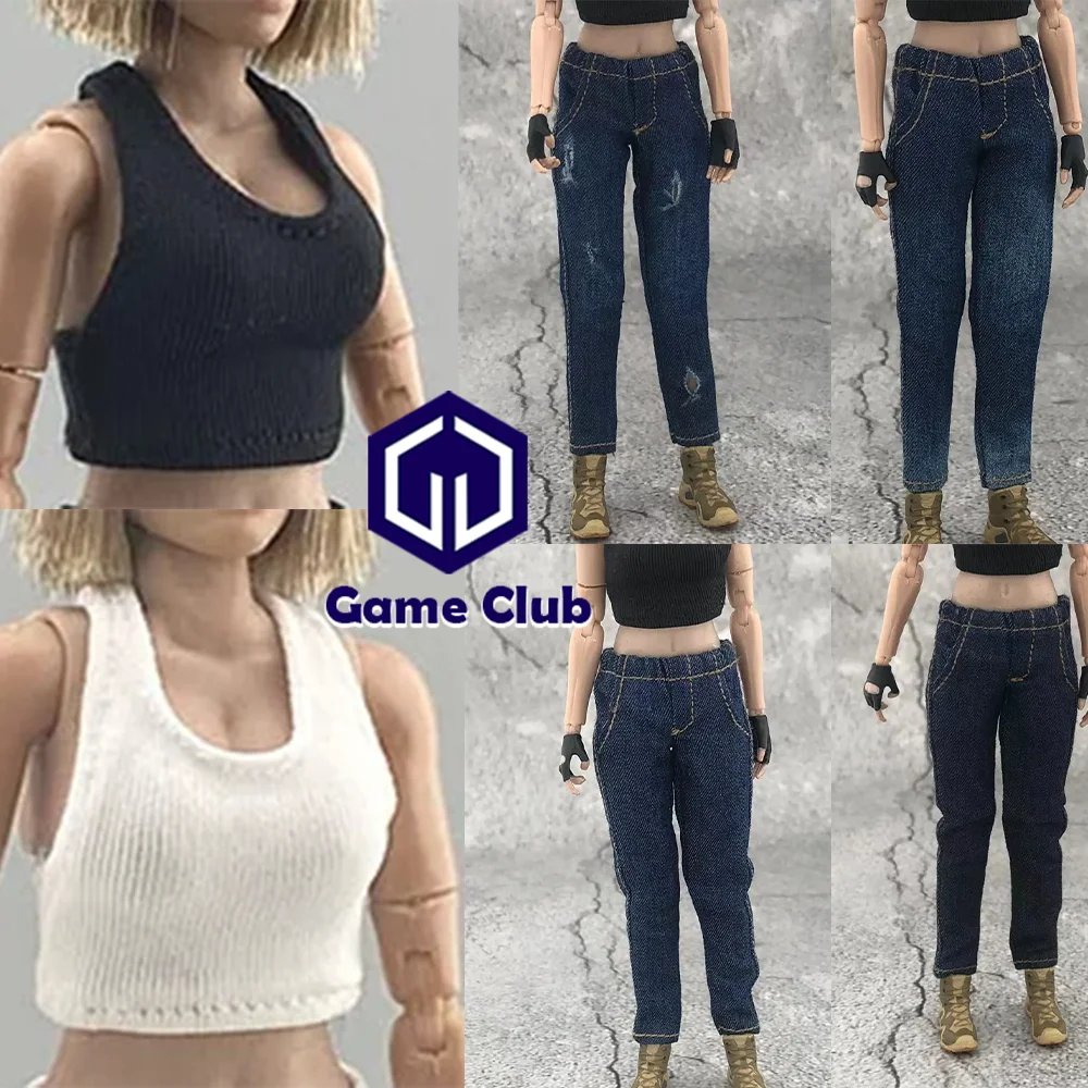 

1/12 Female Soldier Versatile Short Sports Vest Top Loose Jeans Blue Denim Straight Leg Pants For 6in Action Figure Body Costume